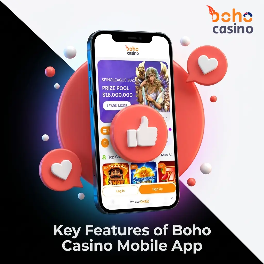 Boho Casino mobile app key features for Australian players including AUD support, sportsbook, and game library